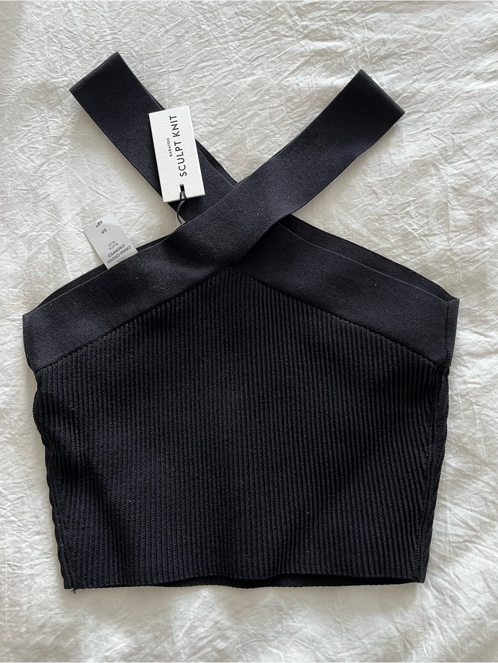 New with tags Babaton Black Sculpt Knit Cross-Strap Crop Top